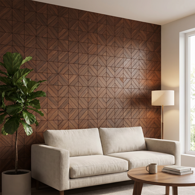 Clover Smoked Brown decoratief houten wandpaneel in moderne woonkamer