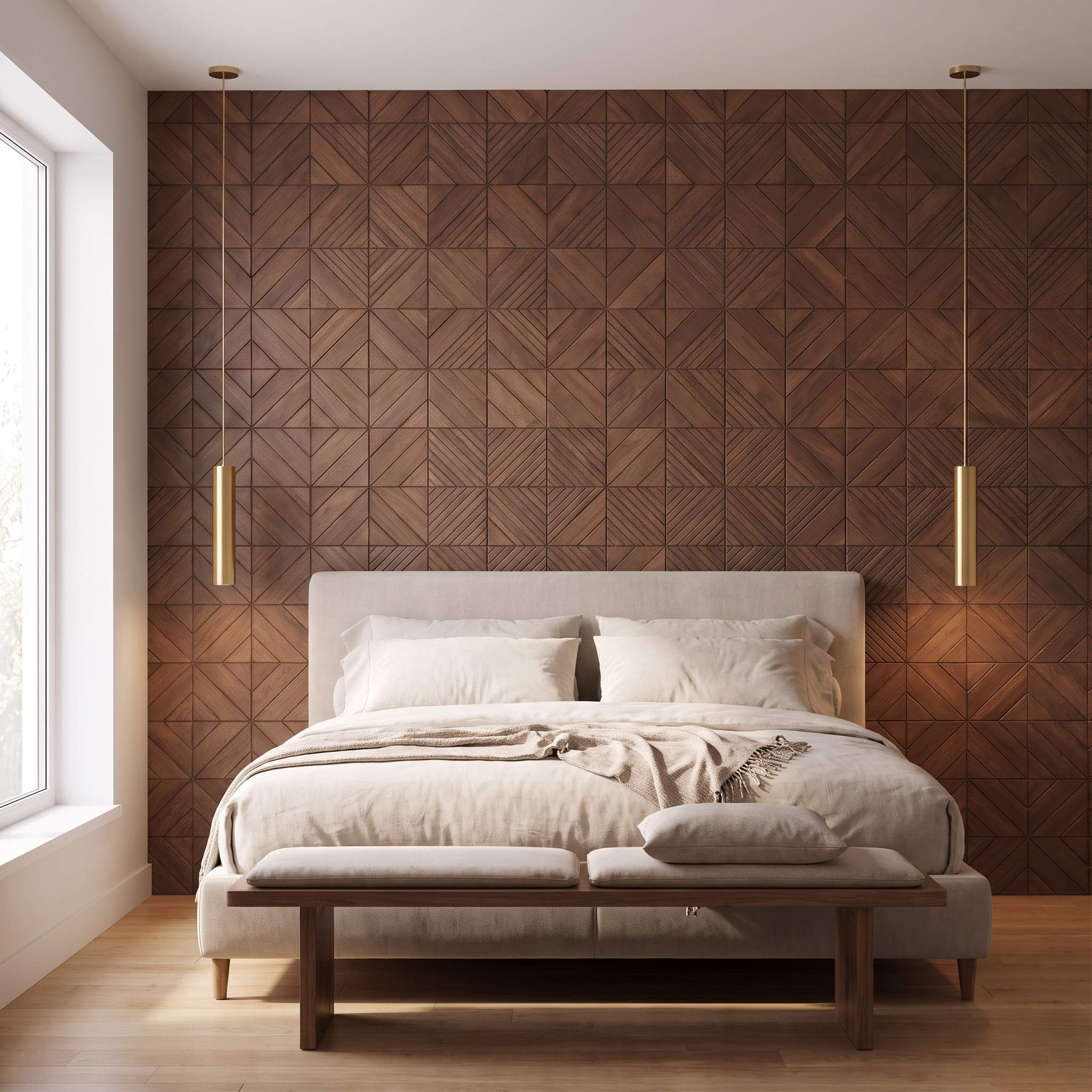 Clover Brown wandpaneel achter het bed in slaapkamer