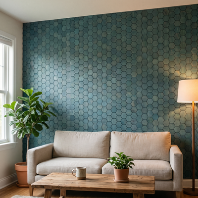 Snowdrop Cadet Blue houten hexagon wandpaneel in moderne woonkamer
