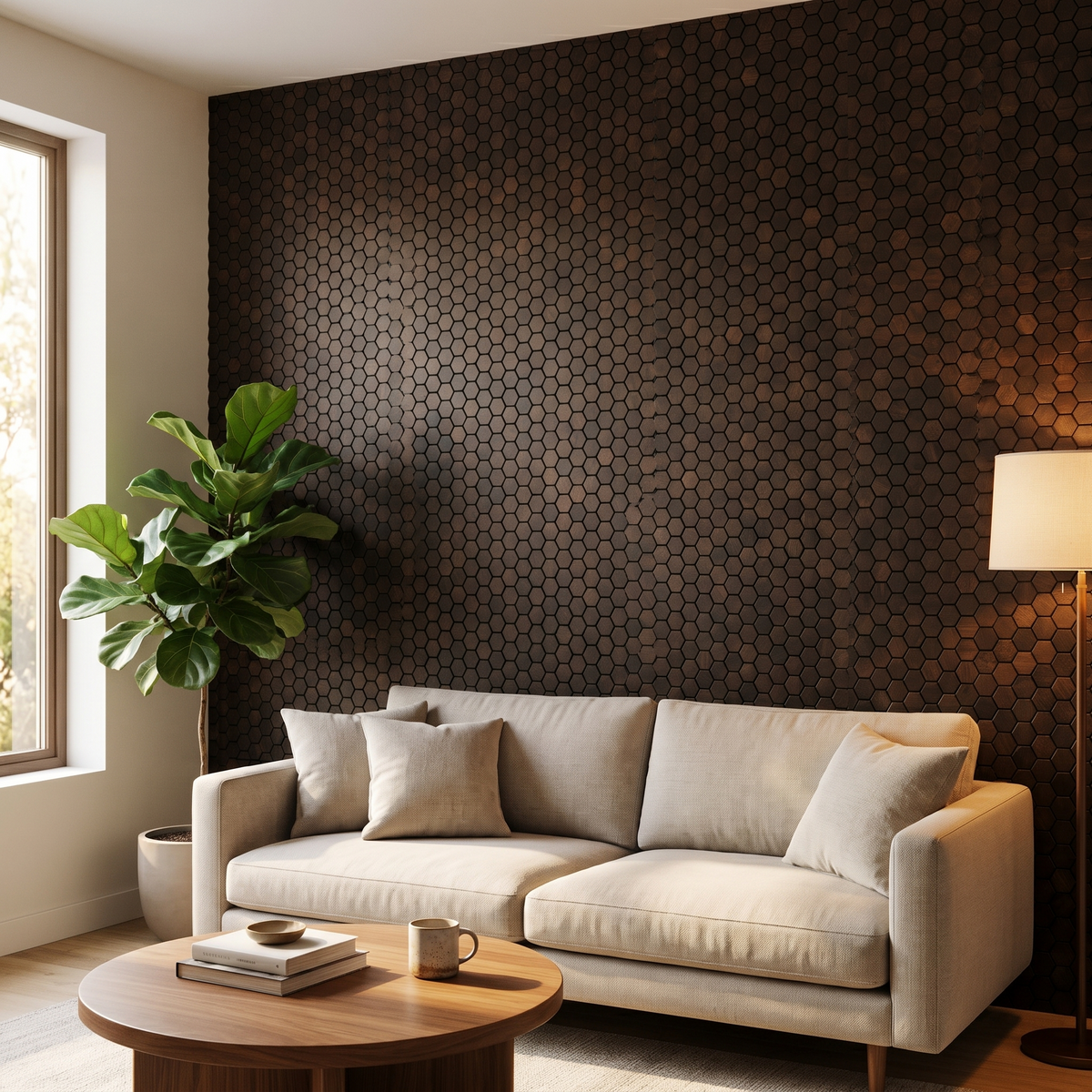 Snowdrop Rose Black houten hexagon wandpaneel in moderne woonkamer