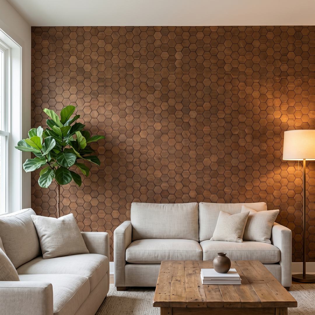 Snowdrop Smoked Brown houten hexagon wandpaneel in moderne woonkamer