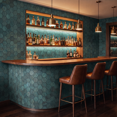 Snowdrop Cadet Blue houten hexagon wandpaneel als bar-achterwand