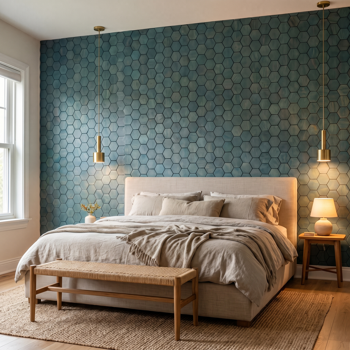 Snowdrop Cadet Blue houten hexagon wandpaneel achter het bed in slaapkamer