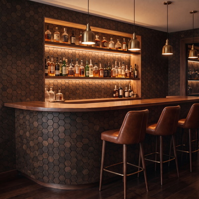 Snowdrop Rose Black houten hexagon wandpaneel als bar-achterwand