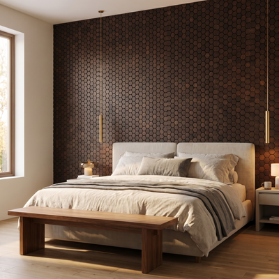 Snowdrop Rose Black houten hexagon wandpaneel achter het bed in slaapkamer