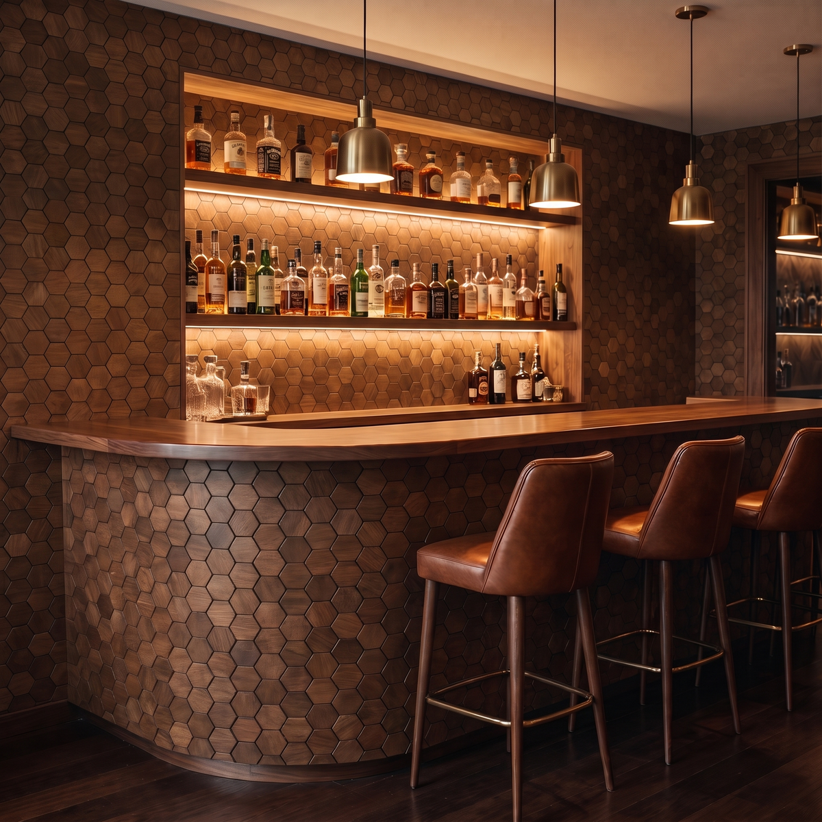 Snowdrop Smoked Brown houten hexagon wandpaneel als bar-achterwand