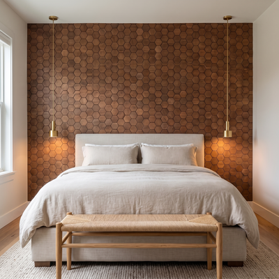 Snowdrop Smoked Brown houten hexagon wandpaneel achter het bed in slaapkamer
