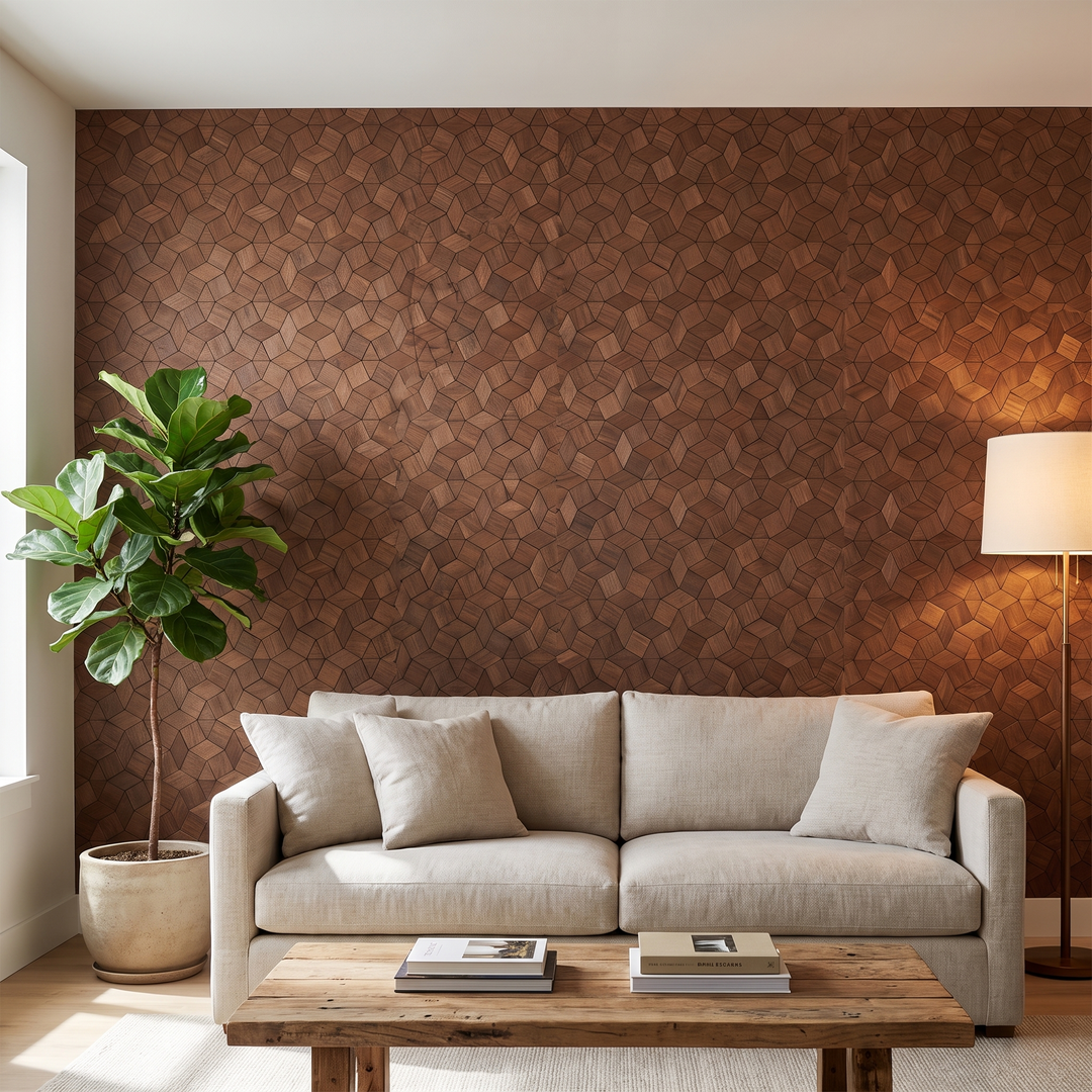 Gardenia Smoked Brown houten mozaiek wandpaneel in moderne woonkamer