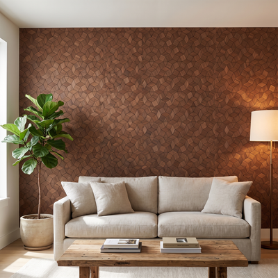 Gardenia Smoked Brown houten mozaiek wandpaneel in moderne woonkamer