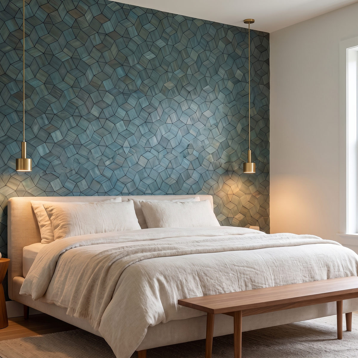 Gardenia Cadet Blue houten mozaiek wandpaneel achter het bed in slaapkamer