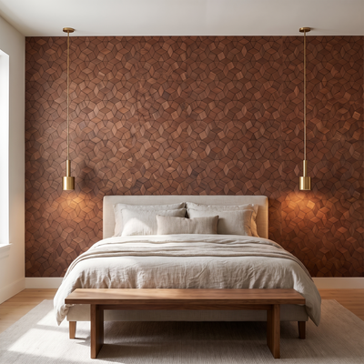 Gardenia Smoked Brown houten mozaiek wandpaneel achter het bed in slaapkamer