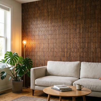 Crimson Smoked Brown houten wandpaneel in moderne woonkamer