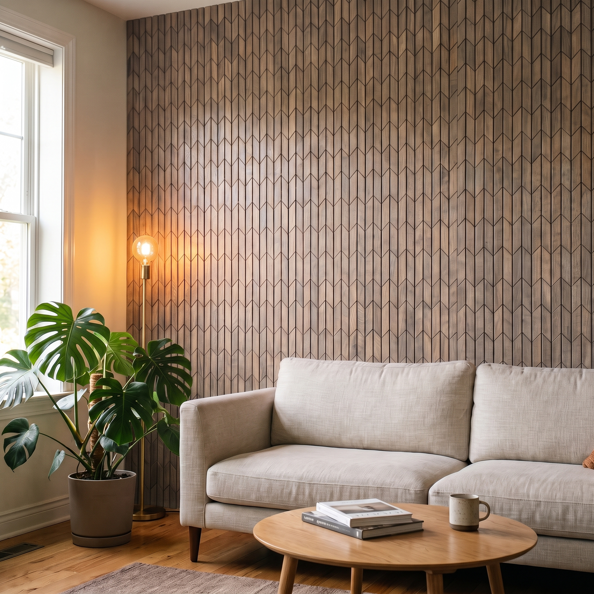 Crimson Pearl White houten wandpaneel in moderne woonkamer