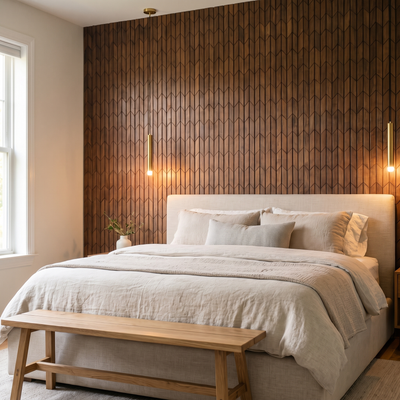 Crimson Smoked Brown houten wandpaneel achter het bed in slaapkamer