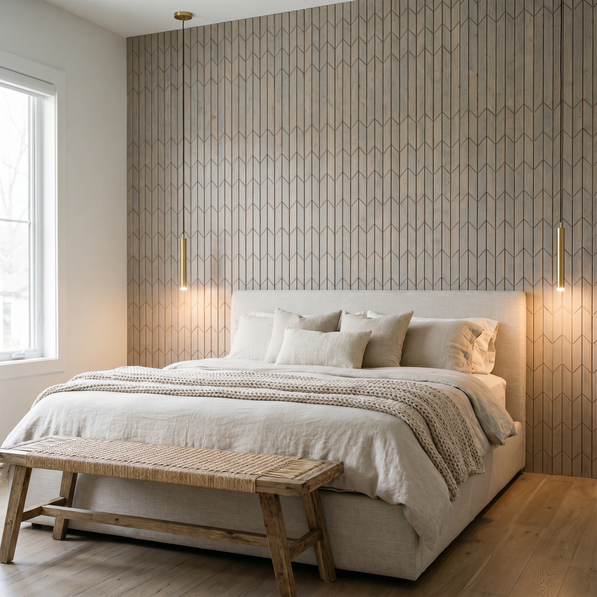 Crimson Pearl White houten wandpaneel achter het bed in slaapkamer